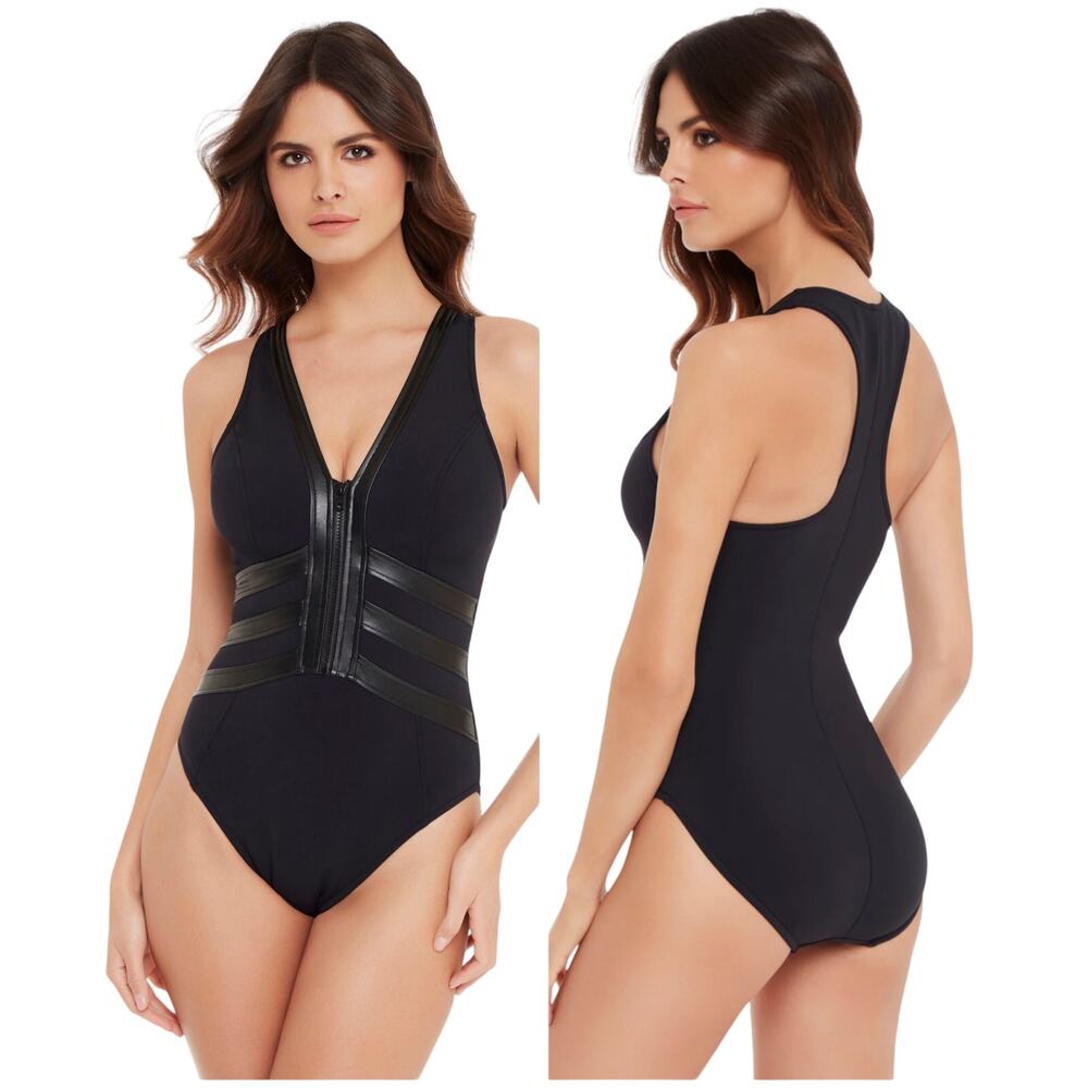 Magicsuit NWT Sean One Piece Moto Chic Zip Front Swimsuit Black Size 12 Bra Top